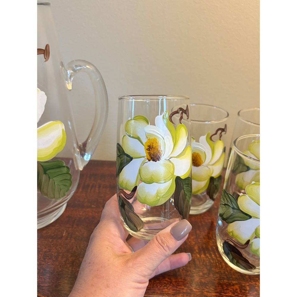 Vintage MCM Bartlett Collins pitcher & glasses set magnolia hand-painted - Picture 8 of 14